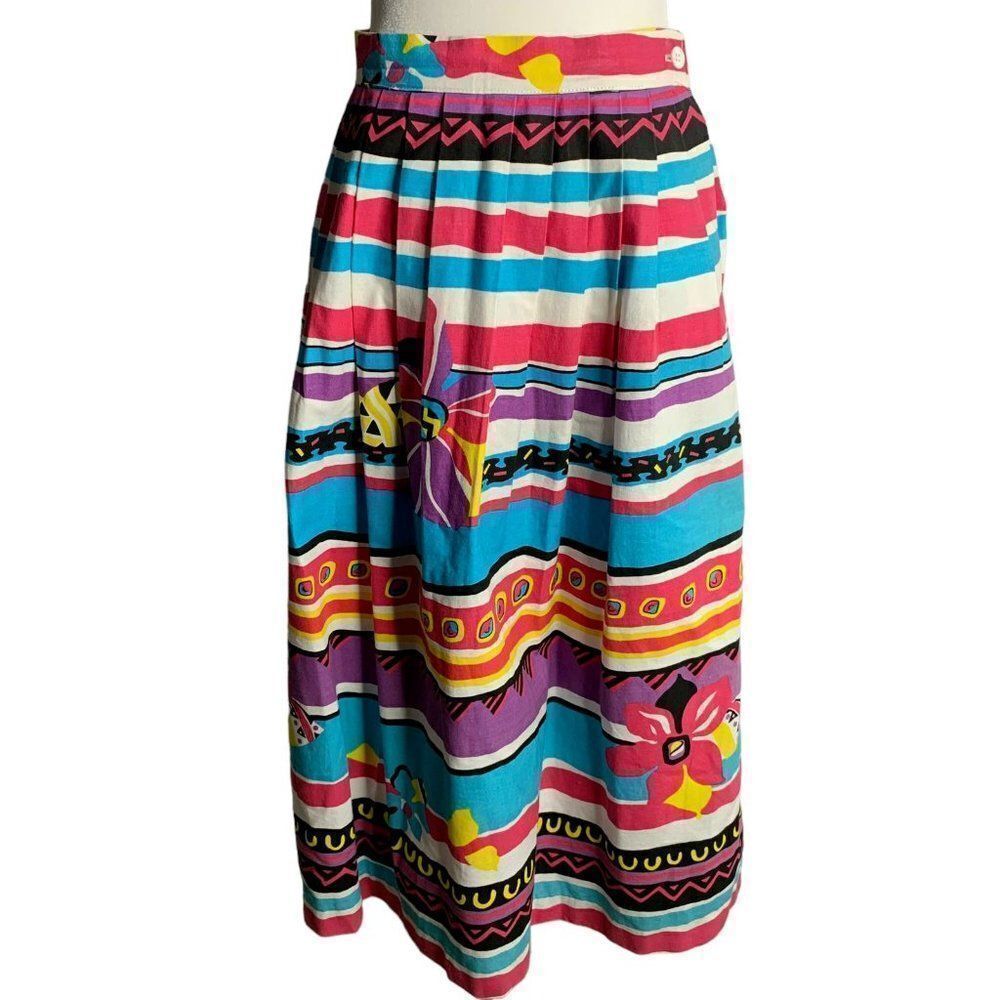 Vintage Pleated Midi Swing Skirt 8 Pink Blue Stripe Pockets Southwest Country